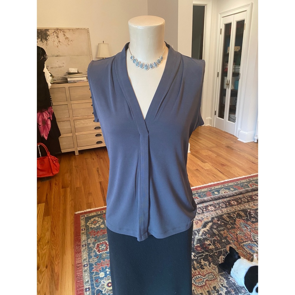 Calvin Klein Womens Sleeveless Draped V-Neck Blouse Blue Gray Small Professional